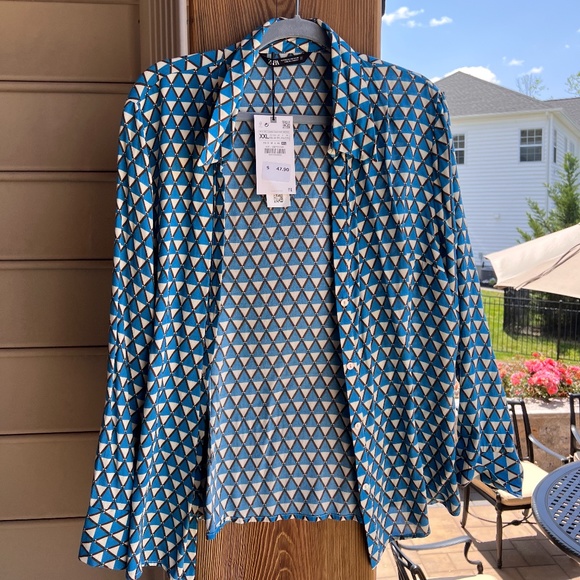 Zara Tops - BRAND NEW Blue Patterned Button Down Shirt Zara- XXL